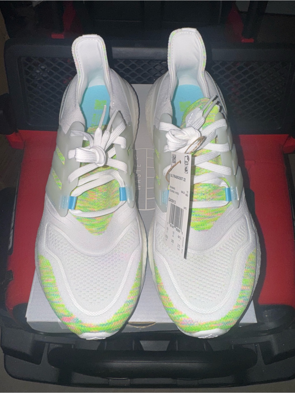White Adidas Ultraboost Knit Sneakers With Neon Green & Blue Accents